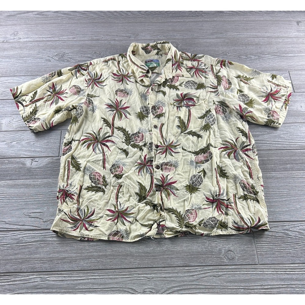 Reyn Spooner Mens XL Spun Rayon Pineapple Print Hawaiian Aloha Shirt Cream